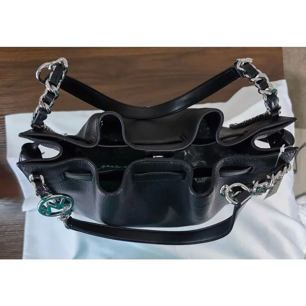 NEW Michael Kors MK Black Mina Large Chain Belted Vegan Leather Shoulder Bag